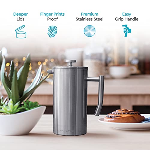 Belwares French Press Coffee Maker 50 OZ - Large Insulated Stainless Steel 304 Coffee Press with Double Wall & 4-Level Filtration System (Black - 1.5L)