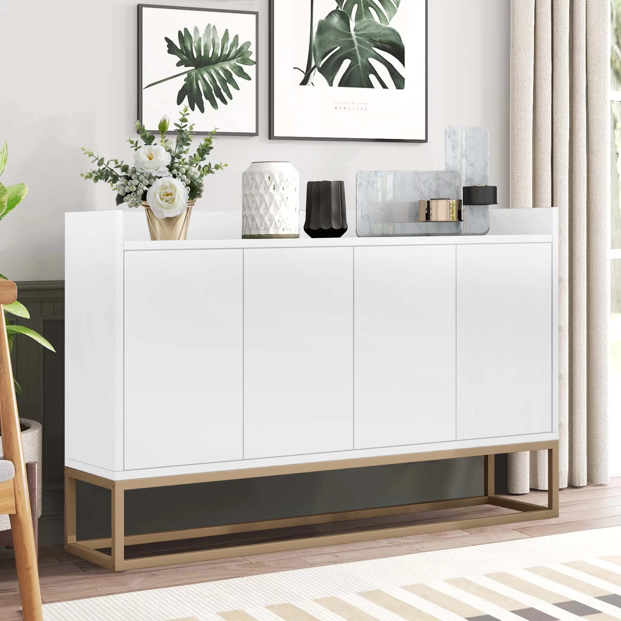 Momspeace Modern Sideboard with Large Storage Space and Rebound Device Doors for Dining Room - White