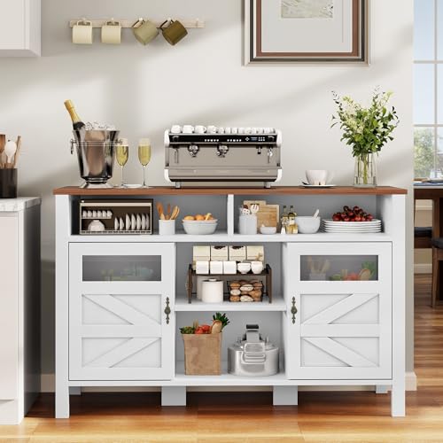 YITAHOME 55'' Farmhouse Buffet Cabinet with Storage, Large Sideboard Cabinet with 2 Doors & Open Storage, Versatile Coffee Bar Table for Kitchen & Living Room (Black)