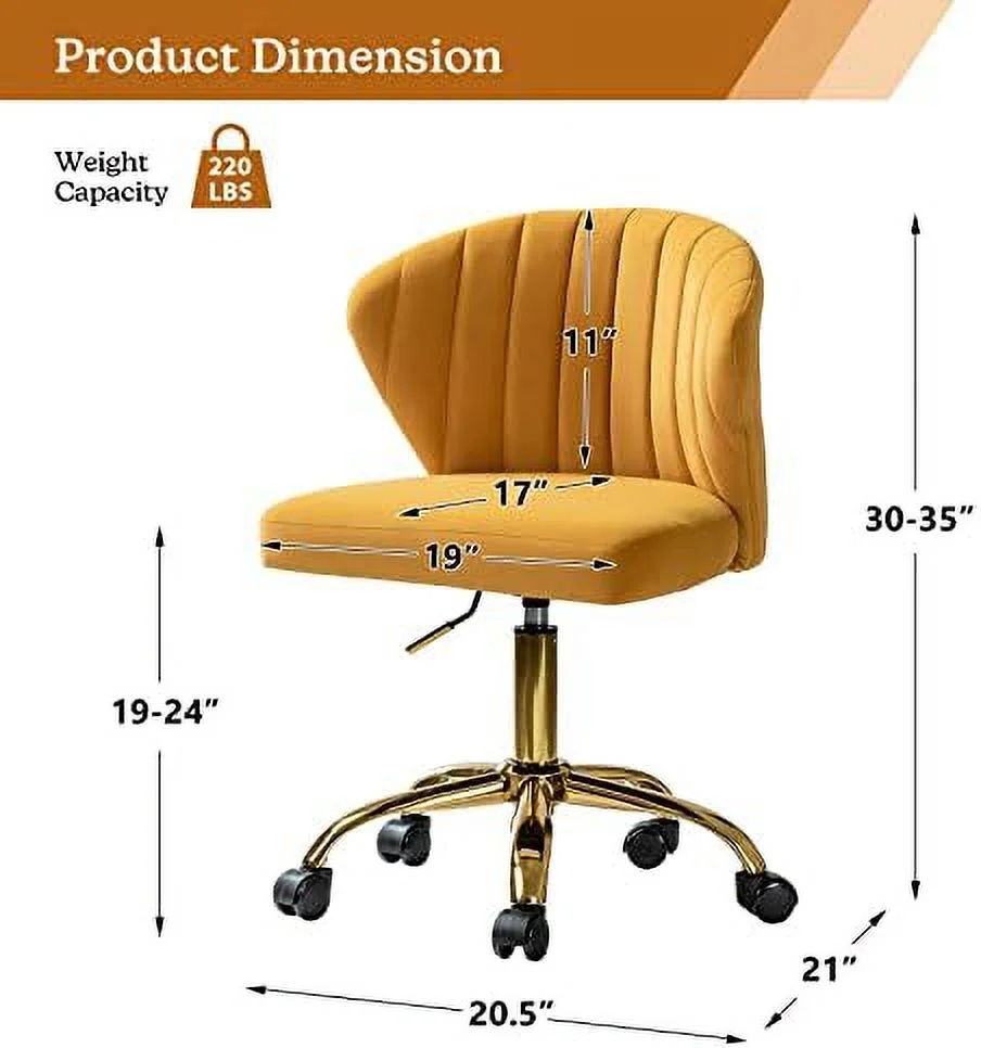 TJUNBOLIFE TINA' Office Desk Chairs with Wheels & Gold Base  Modern Velvet Cute Armless Office Chair  Adjustable Low Back Swivel Rolling Chair  Upholstered Task Chair for Living R