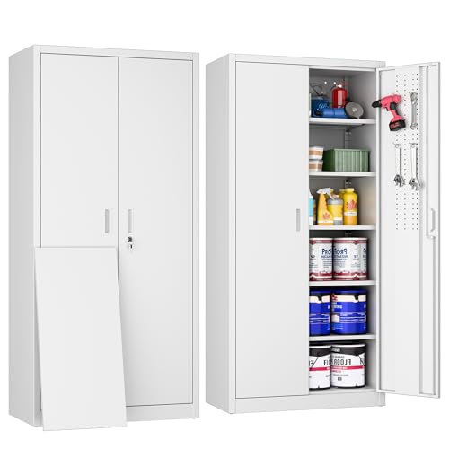 Metal Storage Cabinet, Garage Storage Cabinet with 2 Lockable Doors and 2 Adjustable Shelves, Steel File Cabinets with Lock and Pegboard for Home, School, Office, Garage, Black