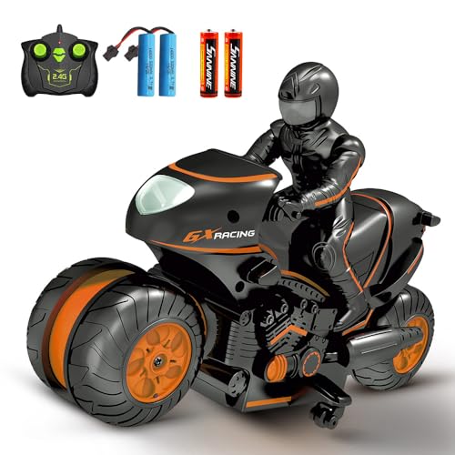 RC Motorcycle, Remote Control Motorcycle Toy for Kids, 2 Rechargeable Batteries for 50 Mins Playtime, 2.4GHz Remote Control Stunt Bike with 360° Spins, Drift, Great Gift for Boys and Girls