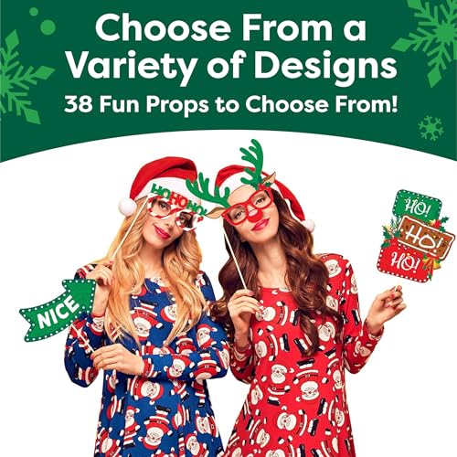 Christmas Photo Booth Props 38pc Set - Christmas Party Decorations, Party Favors, Games & Supplies for Kids Adults - Christmas Photo Props Backdrop Table Decorations Accessories