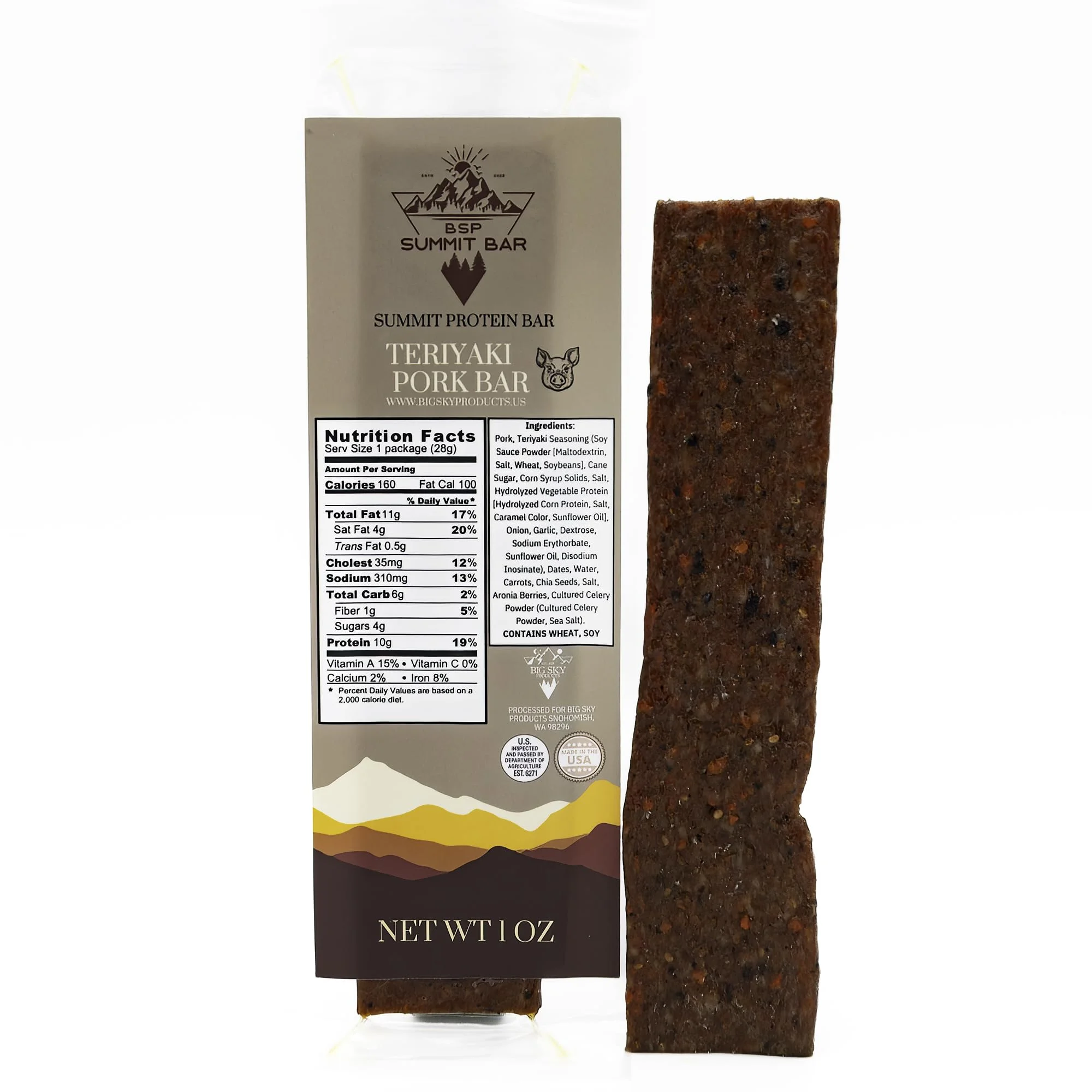 SUMMIT BAR High Protein Meat Bars, Teriyaki Pork, Healthy Snacks for Adults, Protein Bar Made with Organic Fruit and Vegetables and Quality Meat, Individually Wrapped, 10 g, 5 Pack