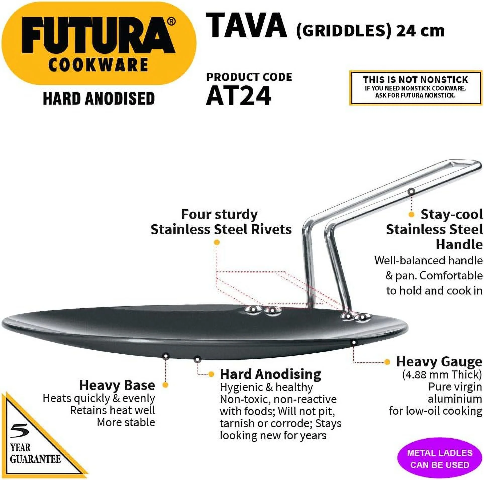 Hard Anodized Concave Griddle Tava, 9.5Inch Diameter