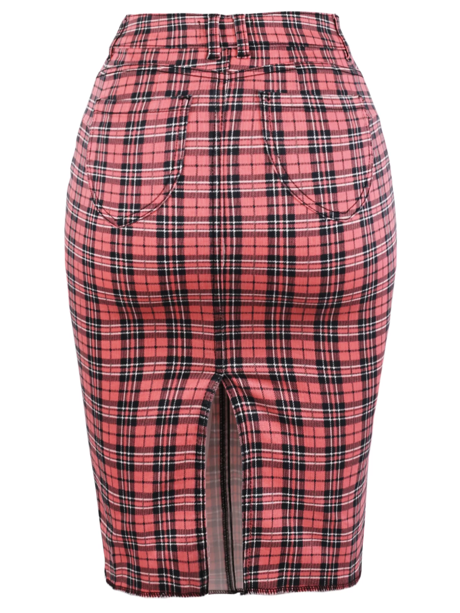 A2Y Women's Slim Fit Rayon Knee Length Back Slit Denim Jean Pencil Skirt Pink Plaid Check M