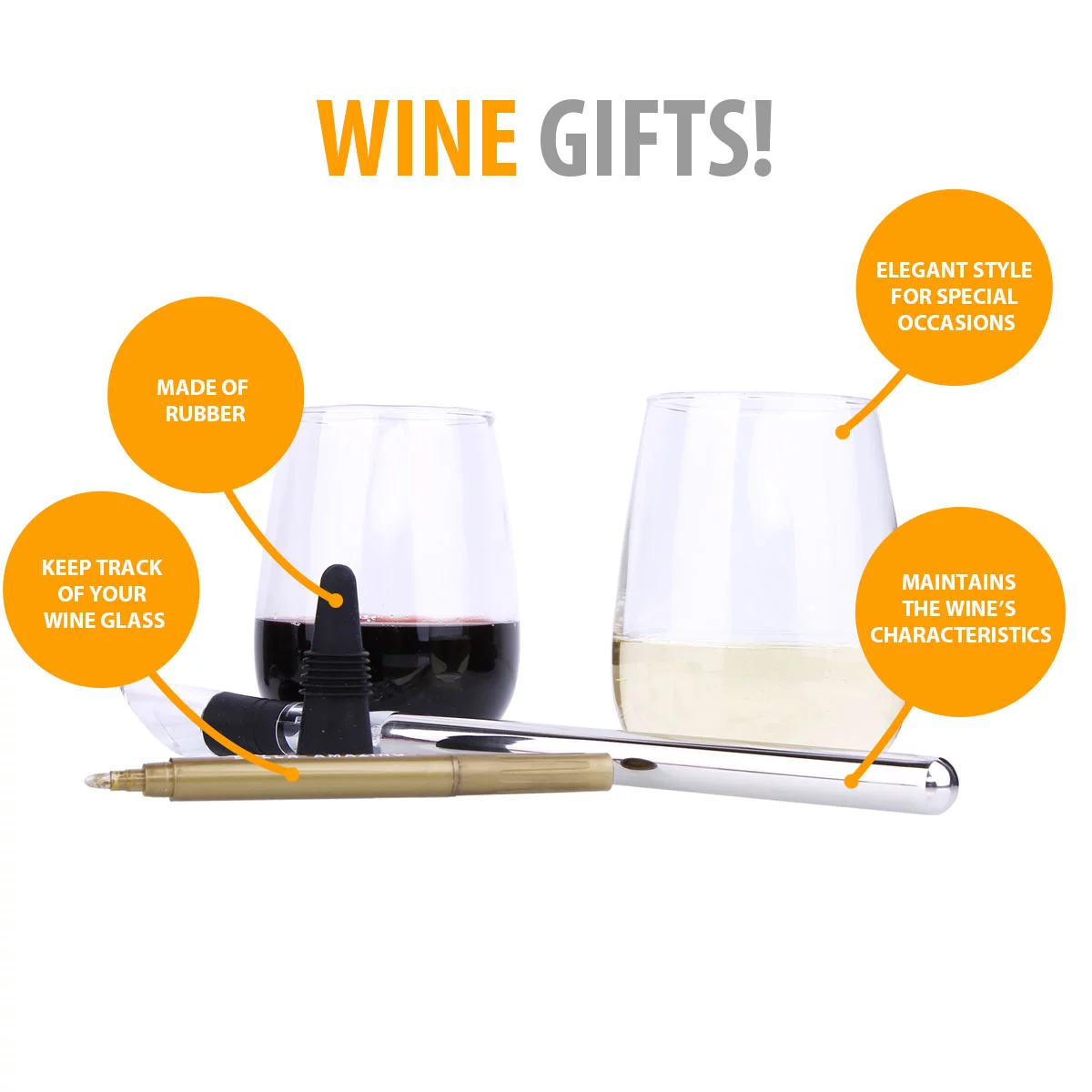 Bella Wine Accessories Sets- Wine Enthusiast Gifts Pack of 5 - 2 Wine Glasses, 1 Stainless Steel Wine Chiller, 1 Wine Marker and 1 Wine Stopper. This Wine Drinker Gifts Are Perfect for Any Wine Lover