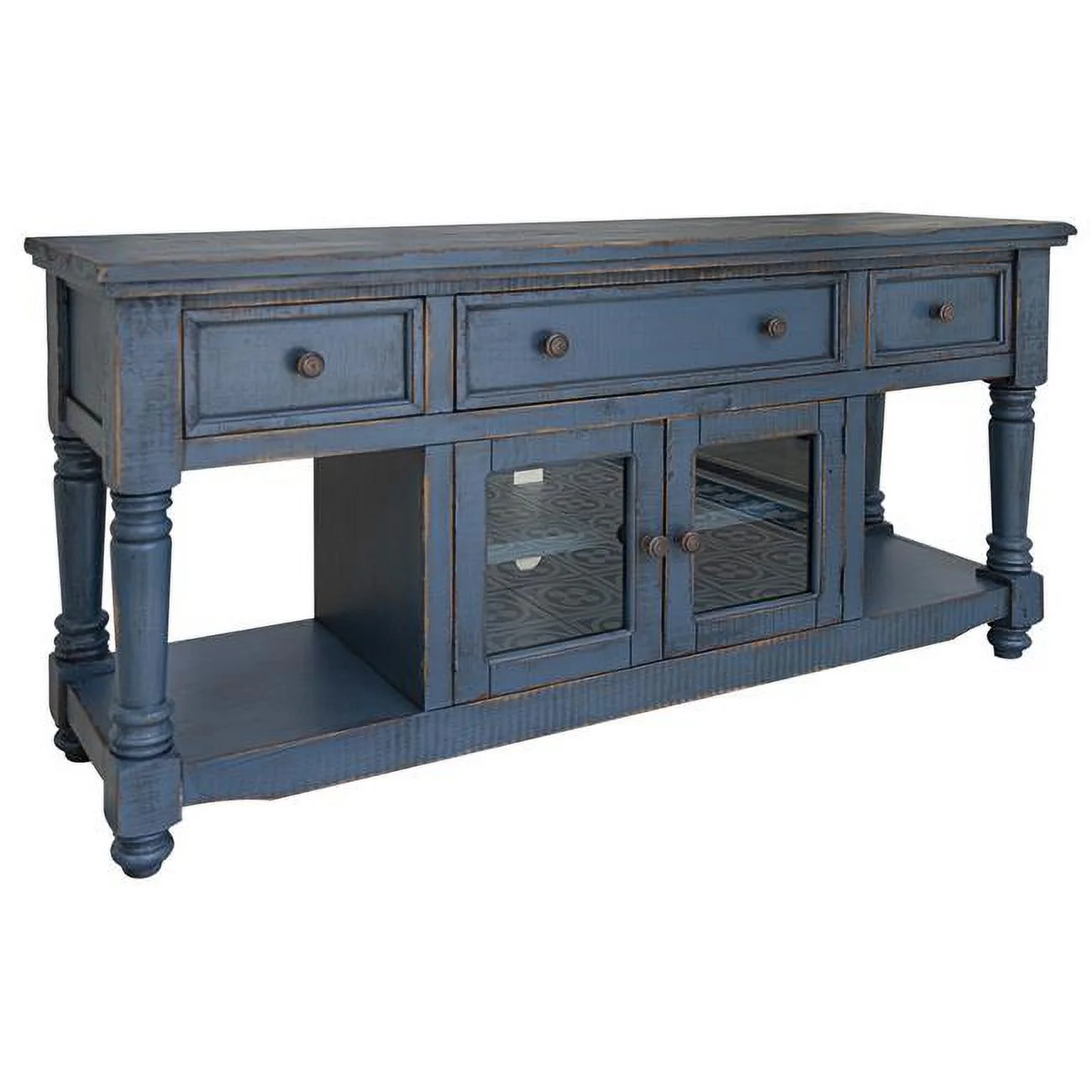 70 in. Solid Wood Open shelving Distressed TV Stand, Blue