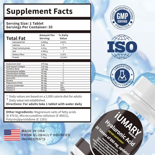 Hyaluronic Acid Supplements, 850mg High Bioavailable Dietary Hyaluronic Acid - Advanced Joint Support with Hydrolyzed Collagen, Turmeric, Glu-cosamine, MSM, Vitamin C – 30 Tablets（Pack of 3）