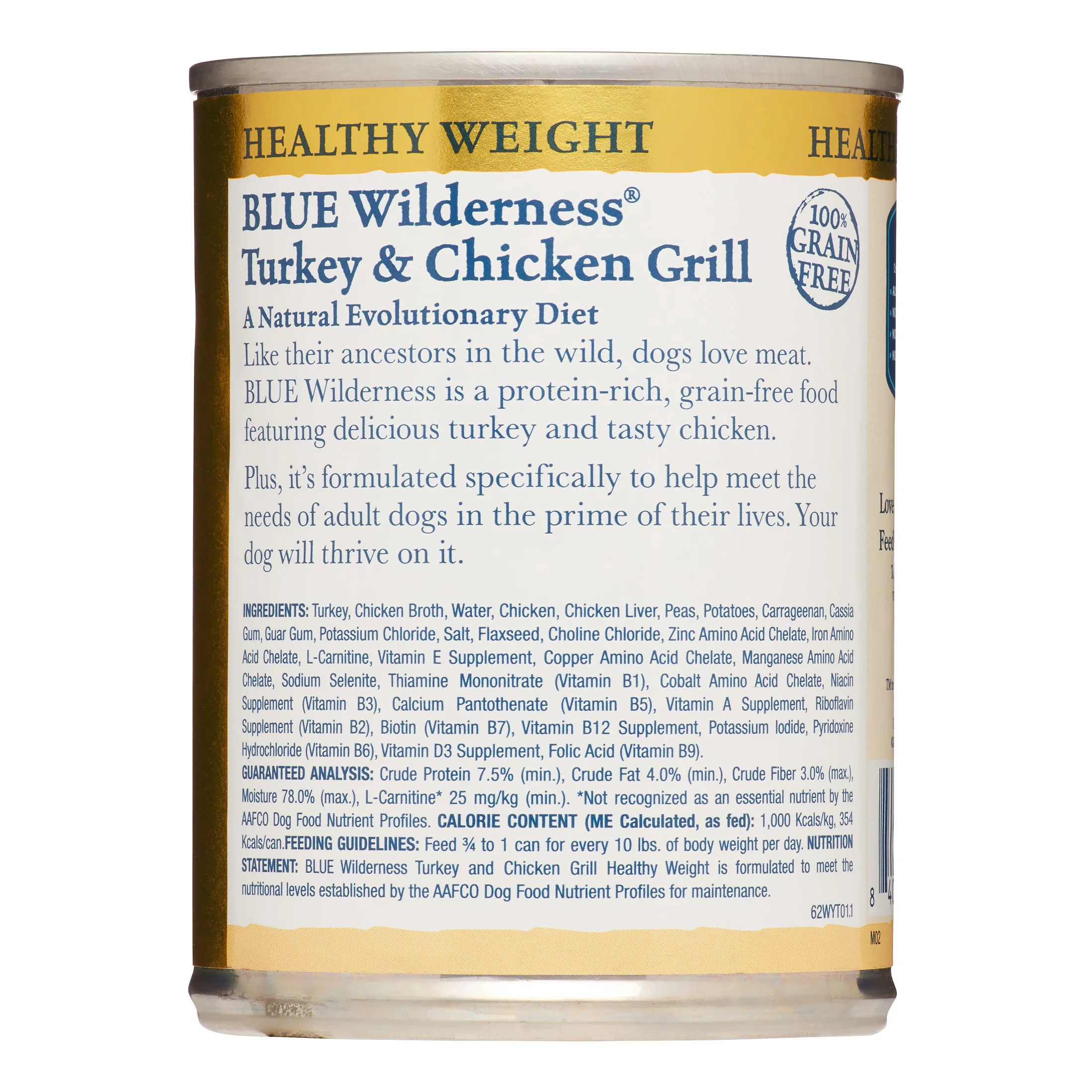 Blue Buffalo Wilderness High Protein Grain Free, Natural Adult Healthy Weight Dog Wet Food, Turkey & Chicken Grill 12.5-oz can (pack of 12)
