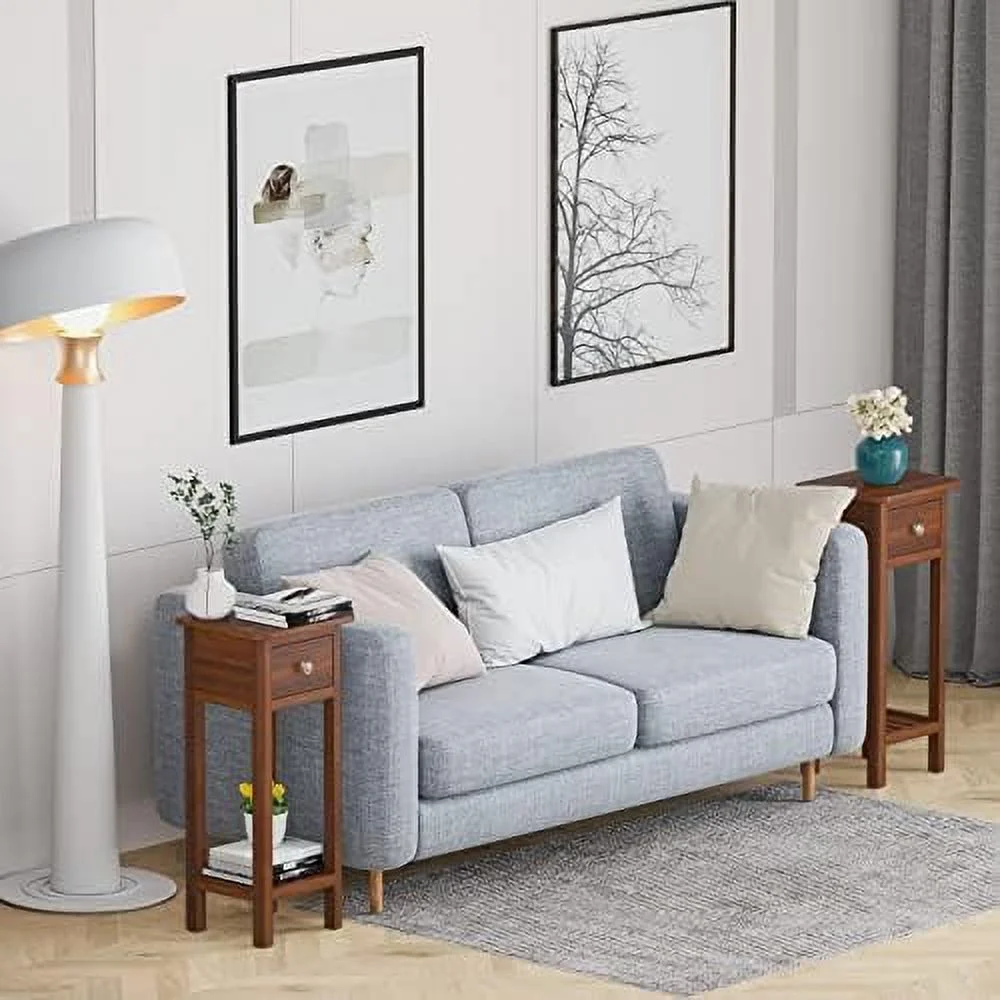 YZboomLife Narrow End Table  Tall Nightstands Set of 2 with Drawer &   Slim Bedside Tables w/Anti-Tipping Device  No Assembly  Wooden Small  for Small Space  Living Room  Bedroom  Nat