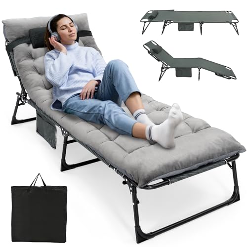 ropoda Camping Cot, Adjustable 4-Position Folding Cot with Cozy Mattress, Lawn Chair Camping Cots for Adults with Breathable Fabric Steel Frame, Lounge Chair for Camping, Spare Bed, Patio