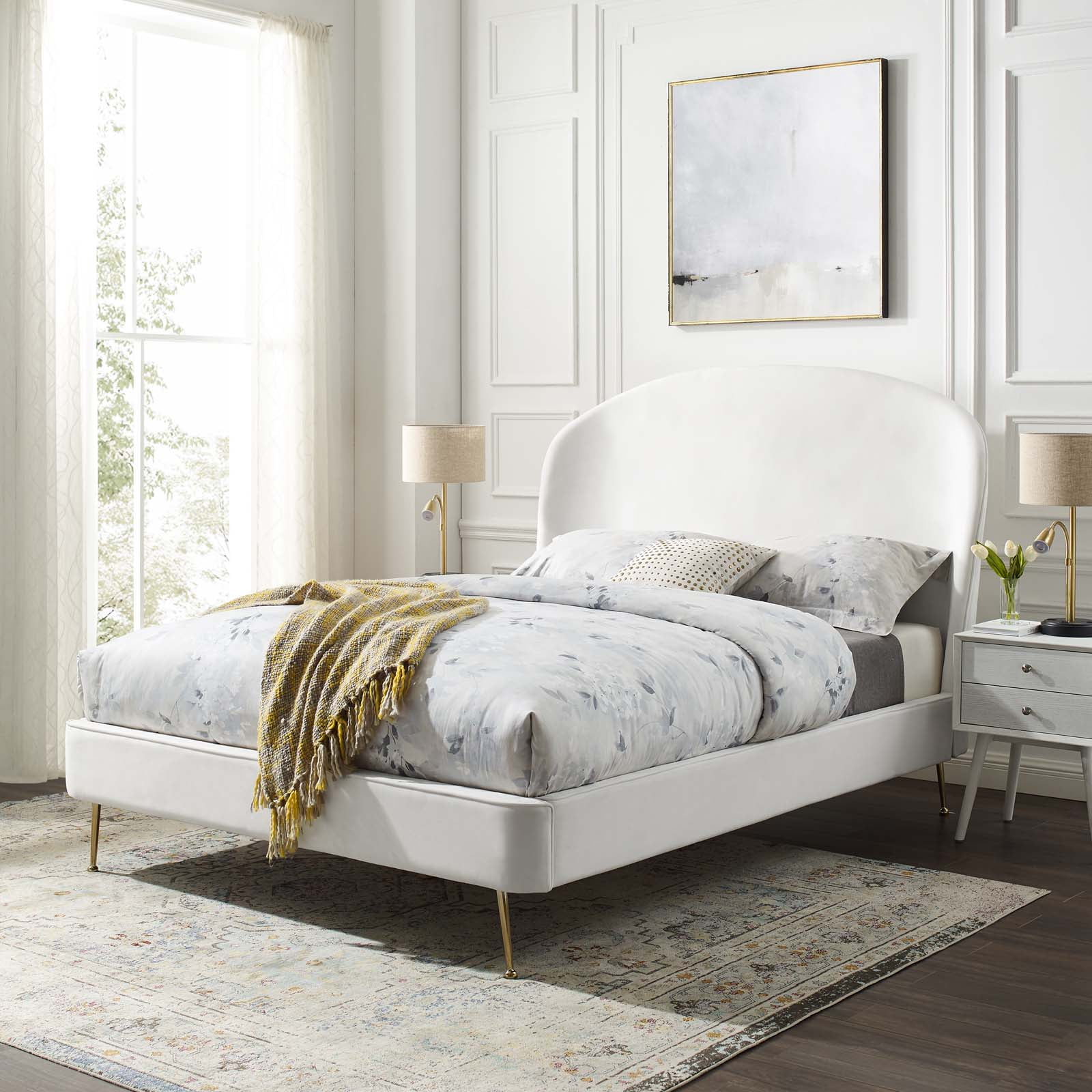 Platform Bed Frame, Queen Size, Velvet, White, Modern Contemporary Urban Design, Bedroom Master Guest Suite