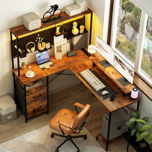 Yoobure L Shaped Gaming Desk with Pegboard, Reversible Computer Desk with LED Lights & Power Outlets, Drawers & Storage Shelves, Home Office Desks