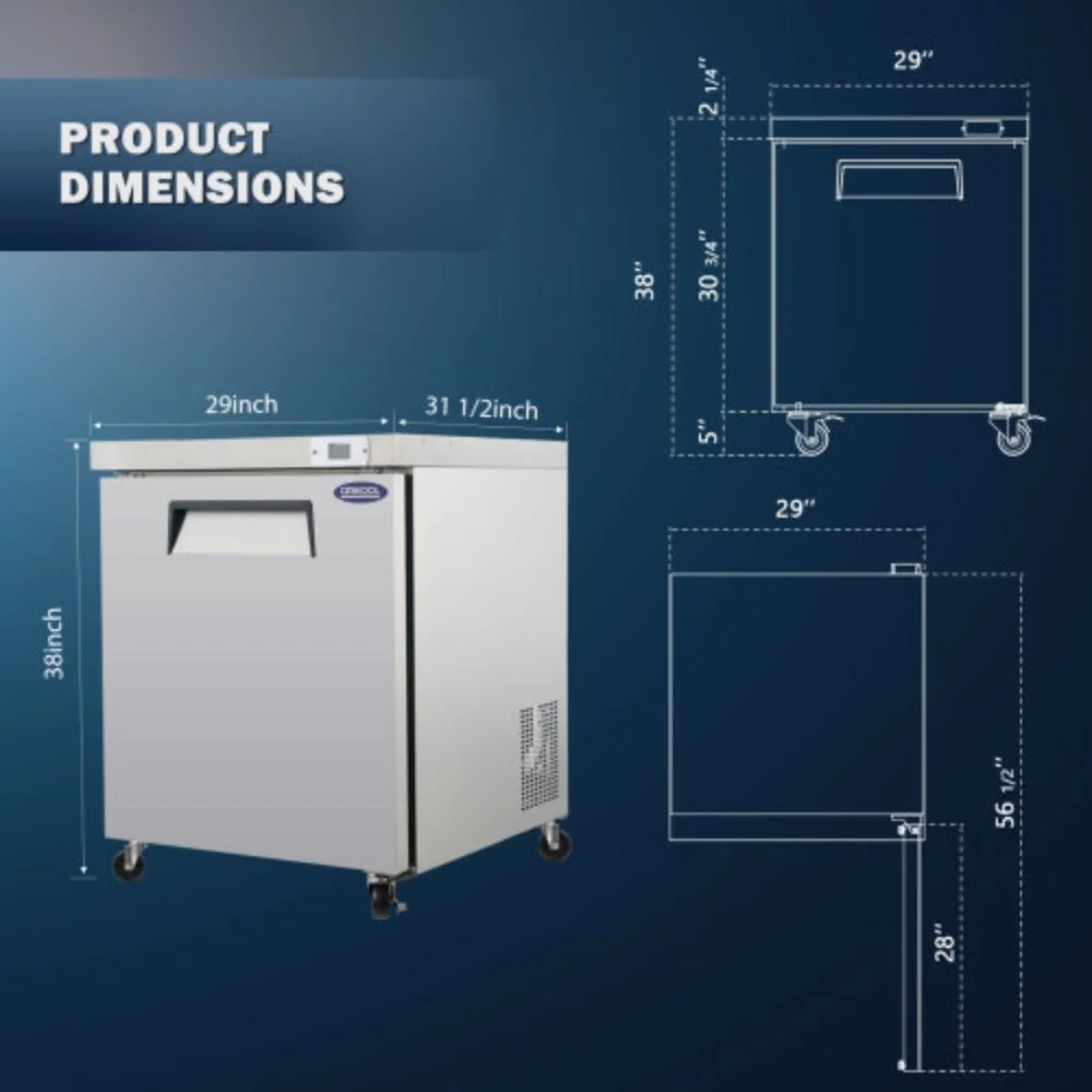 Orikool 29 IN Commercial Refrigerators, Undercounter Refrigerators 8 Cu.Ft with Smooth Casters, 1 Door, ETL Listed for Restaurants, Cafes, Bars And Pizzerias  Silver + Stainless Steel