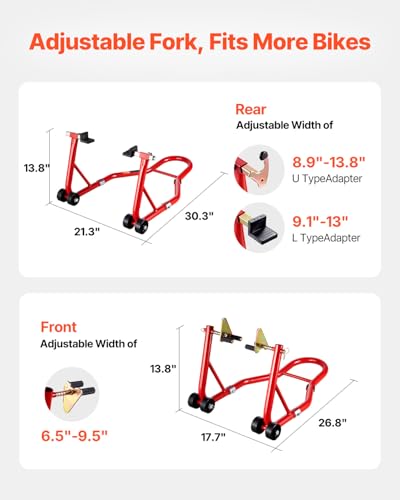 VEVOR Motorcycle Stand Lift, 850lbs Capacity Front Rear Combo Stand Lift, Front Wheel Dual-Fork Stand, Rear U+L Fork Swingarm Spool Stand, for Most Yamaha Honda Kawasaki Suzuki Motorcycles, Red