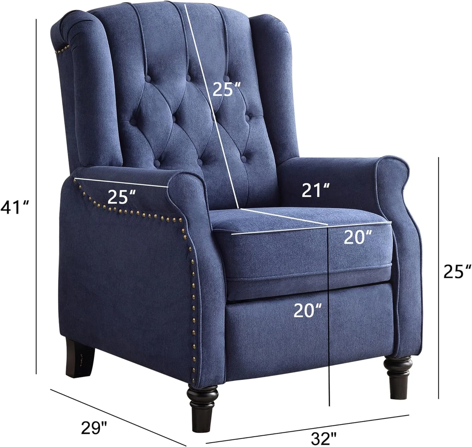 Living Room Chairs Set Of 2, Century Modern Wingback Chair, Fabric Push Back Recliner Chair With Rivet Decoration, Button-Tufted Back, Solid Wood Legs, Blue