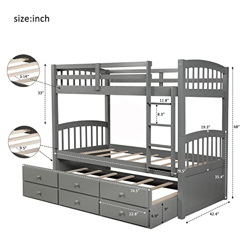 Harper & Bright Designs Twin Over Twin Bunk Bed with Storage Drawers, Solid Wood Bunk Bed Frame with Trundle, for Kids, Teens, Adults (Espresso)