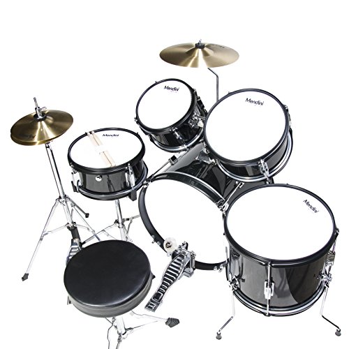 Mendini by Cecilio Drum Set, 5 Piece 16 Inch Junior Drums Kit with Bass, Toms, Snare Drum, Cymbal, Hi-Hat, Drumsticks & Seat for Beginner Student (Metallic Black)