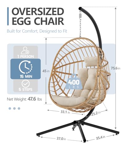 SWITTE Hanging Egg Chair with Stand, Outdoor & Indoor Wicker Egg Swing Chair with Cushion, 400LBS Capacity for Patio, Bedroom & Garden - Dark Grey
