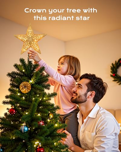 Brightown-Christmas-Tree-Topper, Christmas Star Tree Topper Lighted 3D Hollowed Gold Pentagram Built-in 10 Bulbs Golden Glitter Sparkling Plug in Vintage Indoor Holiday Xmas Decorations Ornaments