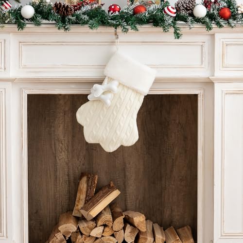 Knit Cat Paw Christmas Stockings with Faux Fur Cuff Cat Christmas Stocking Large Knitted Christmas Stockings for Cats Hanging Stockings Ornaments Holiday Decor (Cat Paw Fish, White)