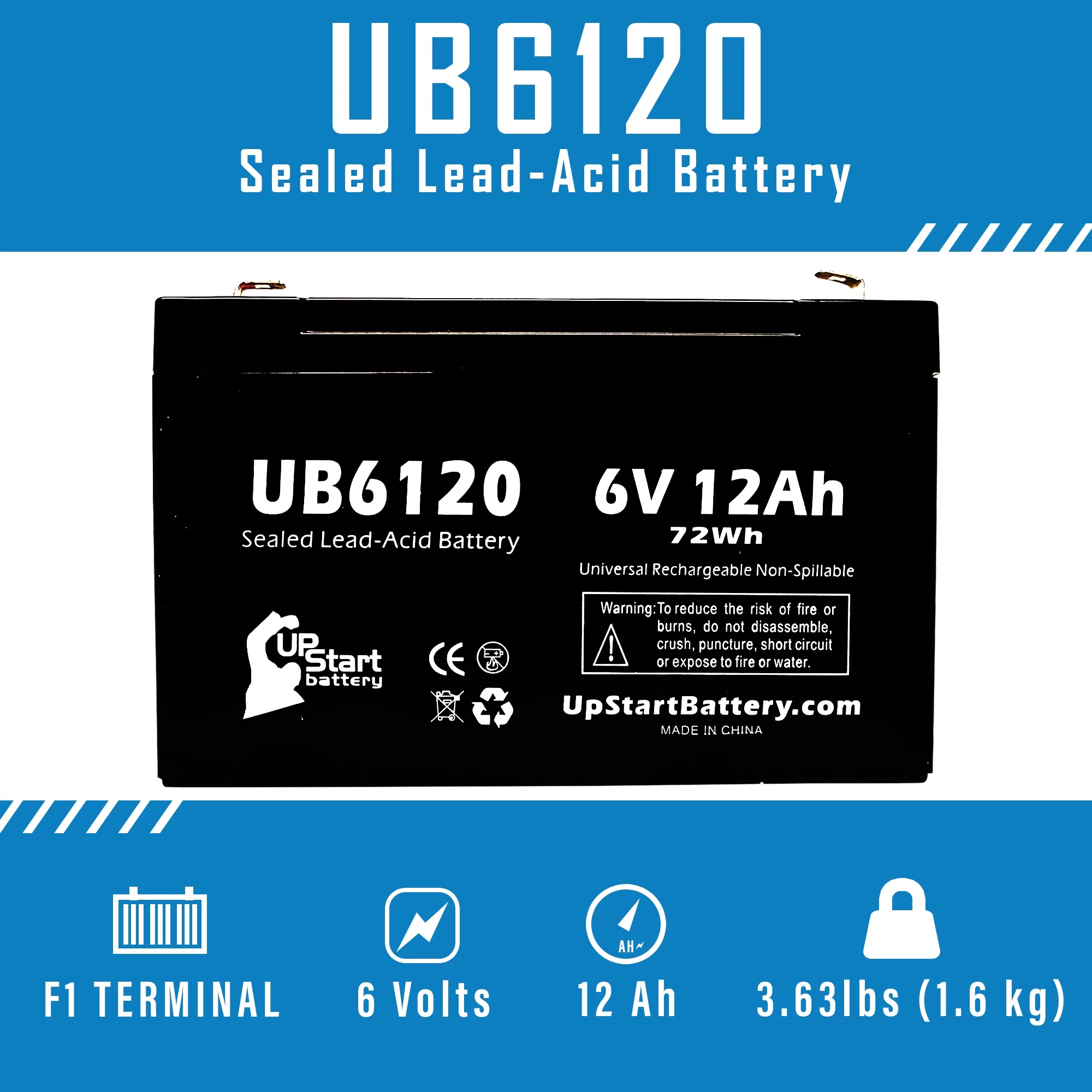 2x Pack - Compatible W. W. GRAINGER 5VC14 Battery - Replacement UB6120 Universal Sealed Lead Acid Battery (6V, 12Ah, 12000mAh, F1 Terminal, AGM, SLA) - Includes 4 F1 to F2 Terminal Adapters