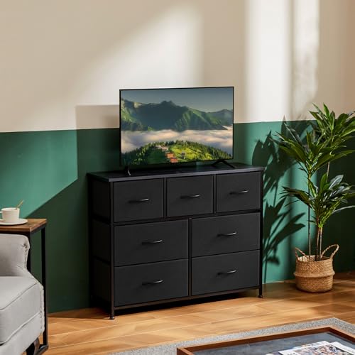 OLIXIS Dresser for Bedroom,8 Storage Fabric Drawers, Metal Frame and Wooden Top, Tall Storage Drawer Dresser for Closet with Easy Pull Handles for Living Room, Entryway, Small Space Black