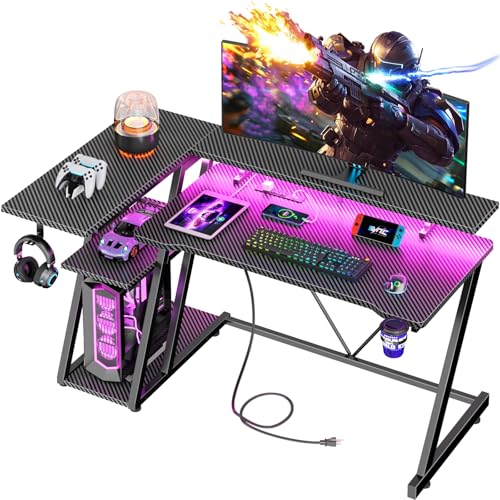 55 Inch Gaming Desk with Power Outlet & LED Lights, L Shaped Gamer Computer Table with Storage Shelves for Bedroom, Corner Home Office Desk, Carbon Fiber Black