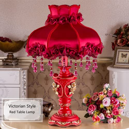 Antique Victorian Lamp Blue Fabric Table Lamp European Pastoral Nightstand Lamp Vase Shape 1 Head Flower Floral Table Light with Beaded Fringe and Lace