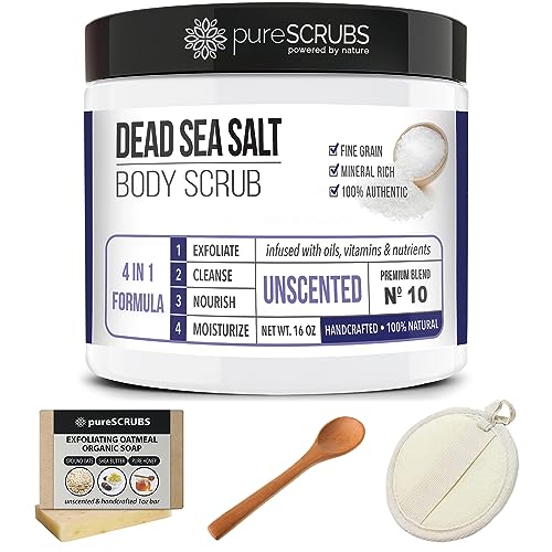 pureSCRUBS Premium Eucalyptus Body Scrub Set - Large 16oz Dead Sea Salt Body Scrub With Infused Essential Oils & Nutrients, Includes Wooden Spoon, Loofah & Oatmeal Exfoliating Bar Soap