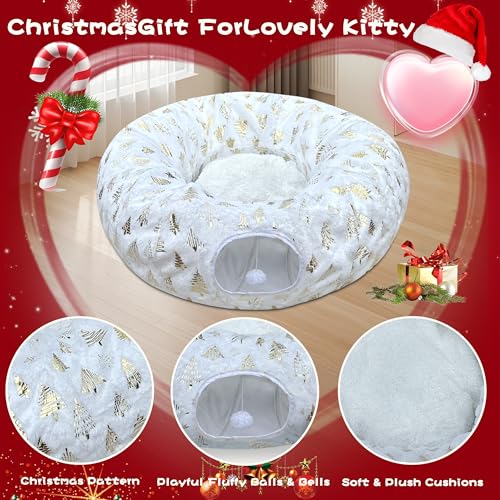 LUCKITTY Christmas Snowflake Print Cat Tunnel Under Tree, Velvet-Touch Jacquard Fabric with Hanging Plush Ball, 10-Inch Diameter 3-Ft Wide Round Pet Tube - Plush & Festive Cat Diversion Red