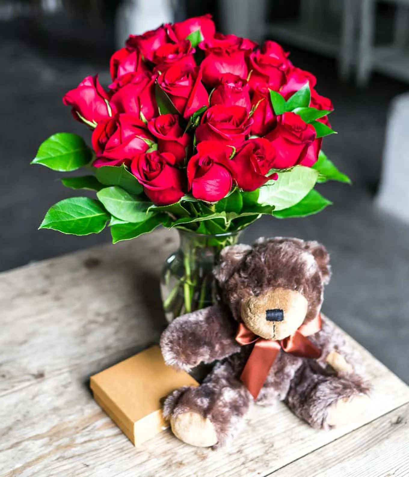 From You Flowers - Two Dozen Premium Long Stem Red Roses with Chocolates & Bear (Fresh Flowers)