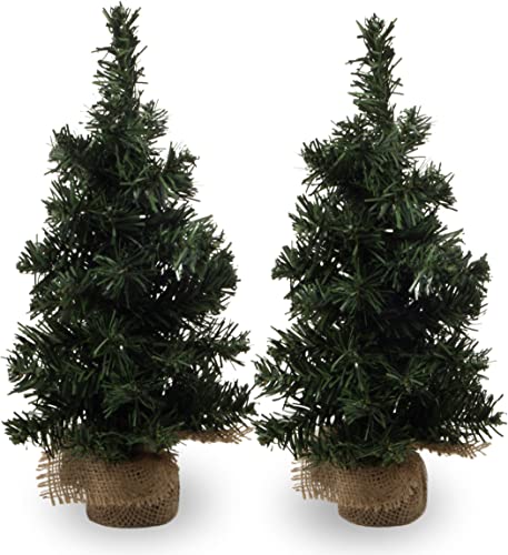 2Pack Mini Christmas Tree Table Top Decorations- Artificial Small Pine Trees with Burlap Base on Desktop, Shelves, Bedroom, Miniature Scenes Xmas for Home, Office, Party Decor