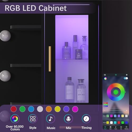 White Vanity Desk with Lighted Mirror and Chair, Makeup Vanity with Charging Station, 5 Drawers Vanity Table Set with LED Cabinet & Storage Bag, Makeup Dressing Table for Girls Women