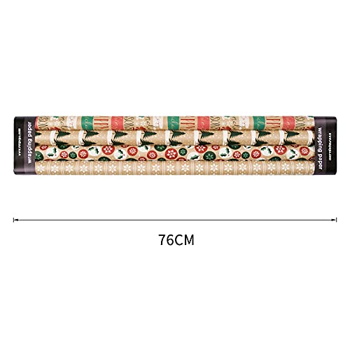 RUSPEPA Christmas Kraft Wrapping Paper - Owl, Reindeer, Christmas Ball and Text Design - 4 Rolls - 30 inches x 10 feet per Roll