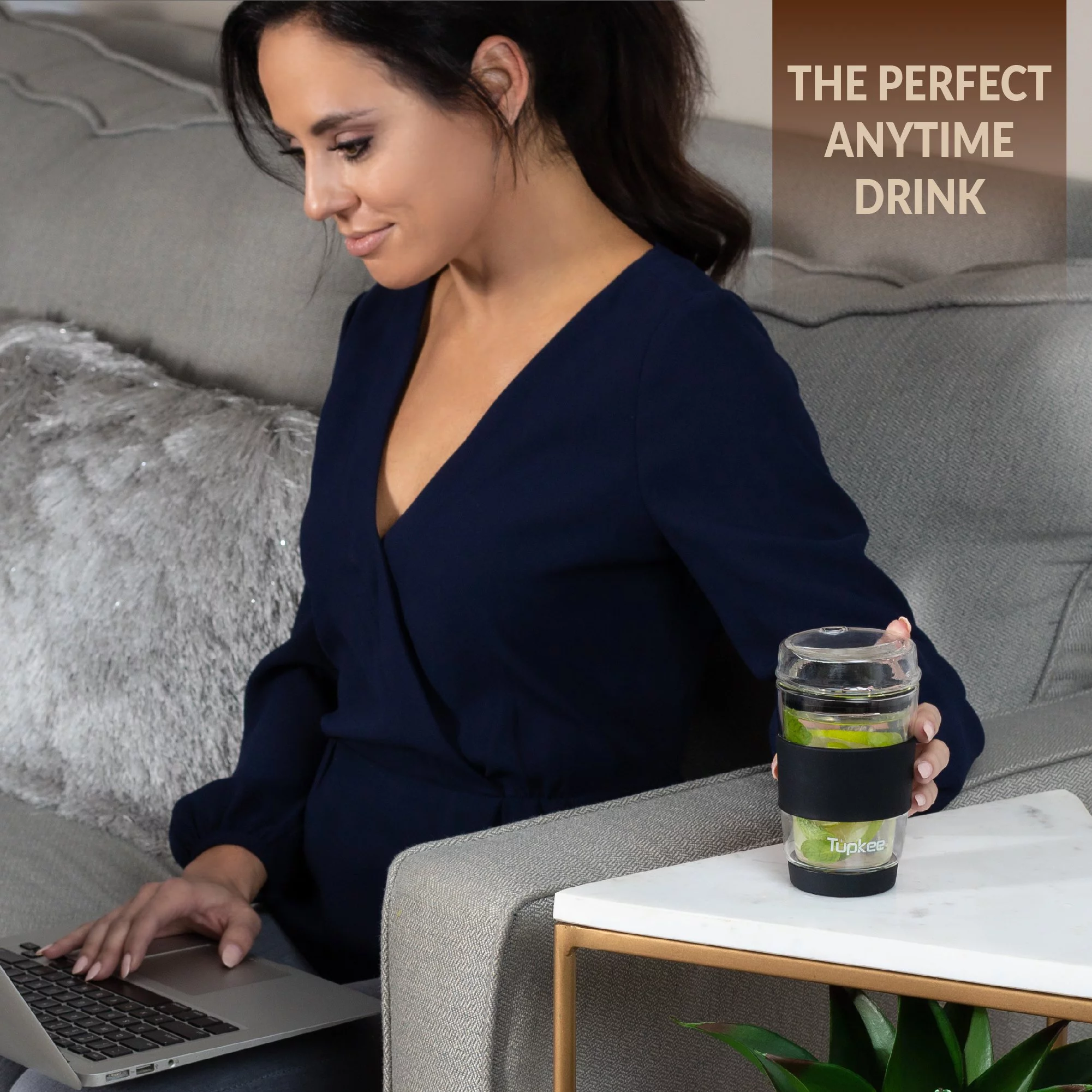 Tupkee Double Wall Glass Tumbler - All Glass Reusable Insulated Tea/Coffee Mug & Lid, Hand Blown Glass Travel Mug, 8-Ounce, Black