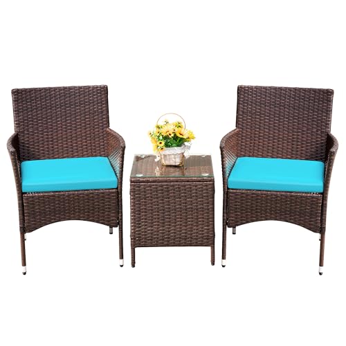 Devoko Patio Porch Furniture Sets 3 Pieces PE Rattan Wicker Chairs with Table Outdoor Garden Furniture Sets (Brown/Beige)