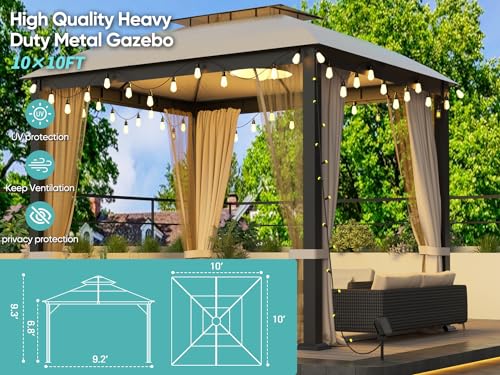 Outdoor Patio Gazebo 10x10, Heavy Duty Gazebos, Soft Top Gazebo with Square Metal Frame, Double Roof Canopy, Mosquito Nets & Privacy Enclosures, Permanent Pavilion for Decks & Backyards
