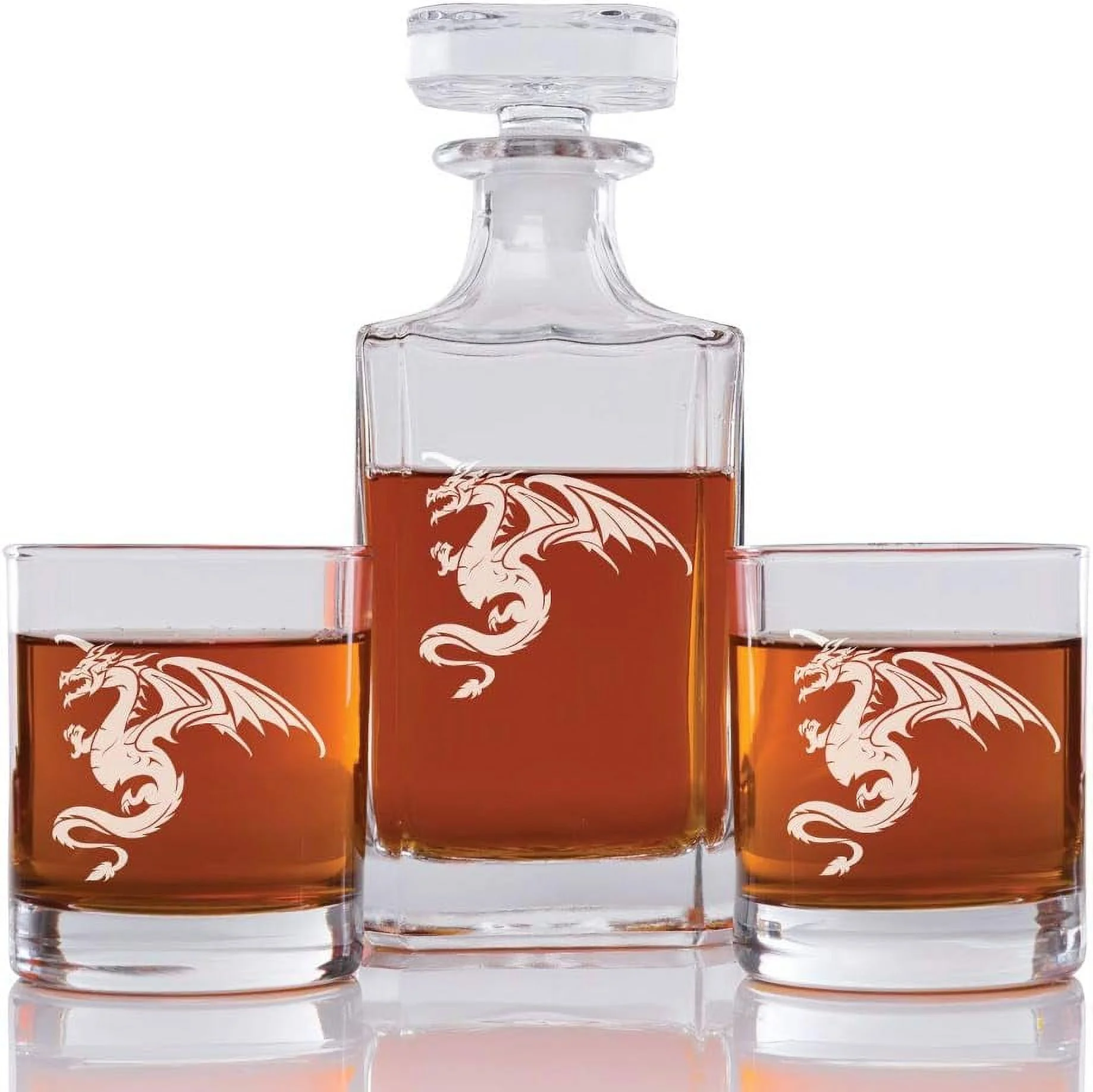 Abby Smith Dragon Engraved Decanter And Rock Glasses, Set Of 3