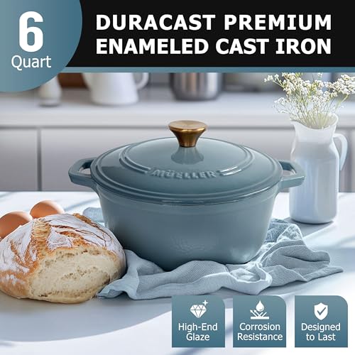 Mueller 6qt Enameled Cast Iron Dutch Oven, Heavy-Duty Casserole and Braiser Pan with Lid and Knob, Oven-Safe up to 500° F & Across All Cooktops, White