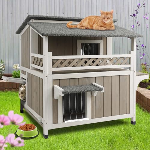 Large Outdoor Cat House Weatherproof with Balcony 2-Story Feral Cats Shelter Indoor Cat Condo with Escape Door & Openable Asphalt Roof
