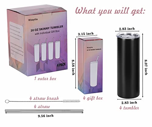 20 Oz Stainless Steel Straight Skinny Tumbler Set (8 Pack), Insulated Slim Thin Travel Cup with Lid, Black