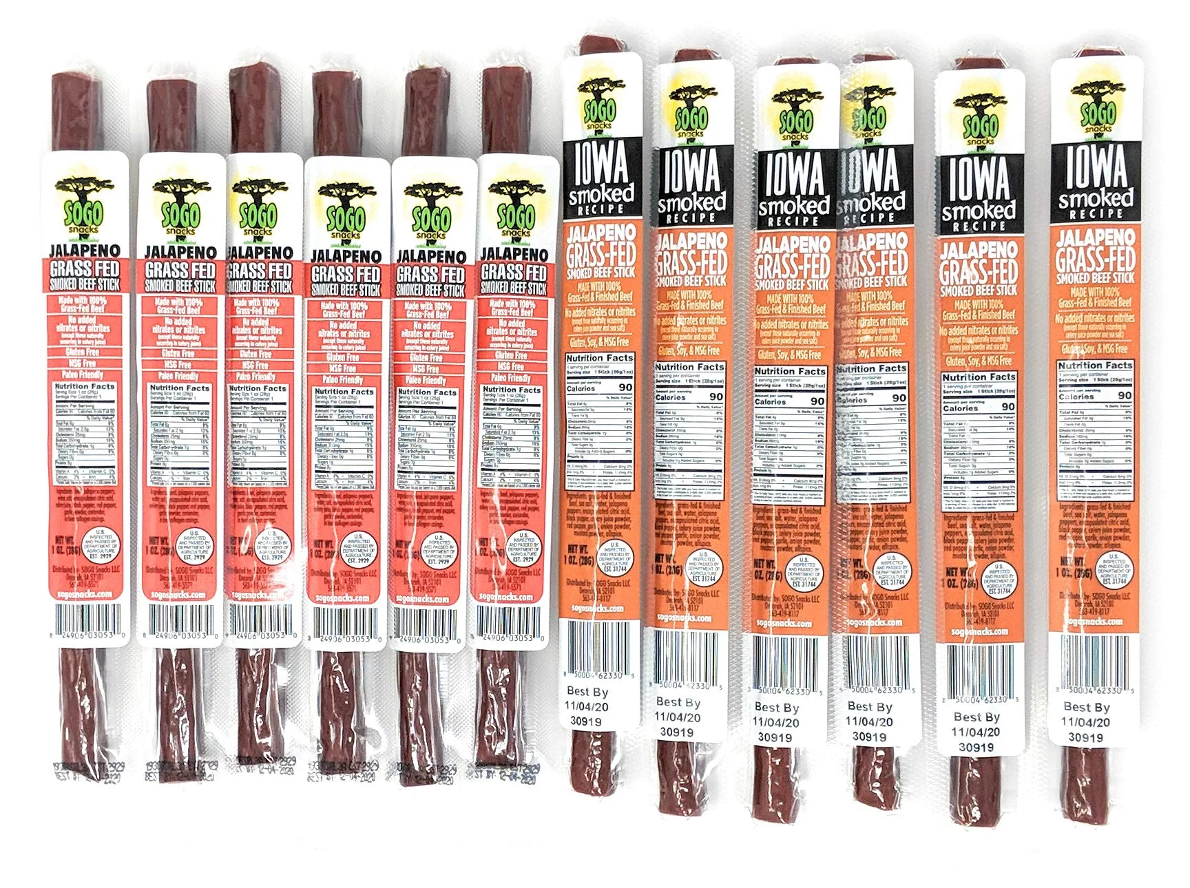 Jalapeno Variety, Sogo Snacks, No Sugar, 100% Grass-fed, Non-GMO Beef Sticks. No Nitrates, Gluten, Soy, MSG, Dairy or Nuts. Keto, Paleo Friendly (72 Jalapeno, 72 IASM Jalapeno, 1-oz, 144-cnt)