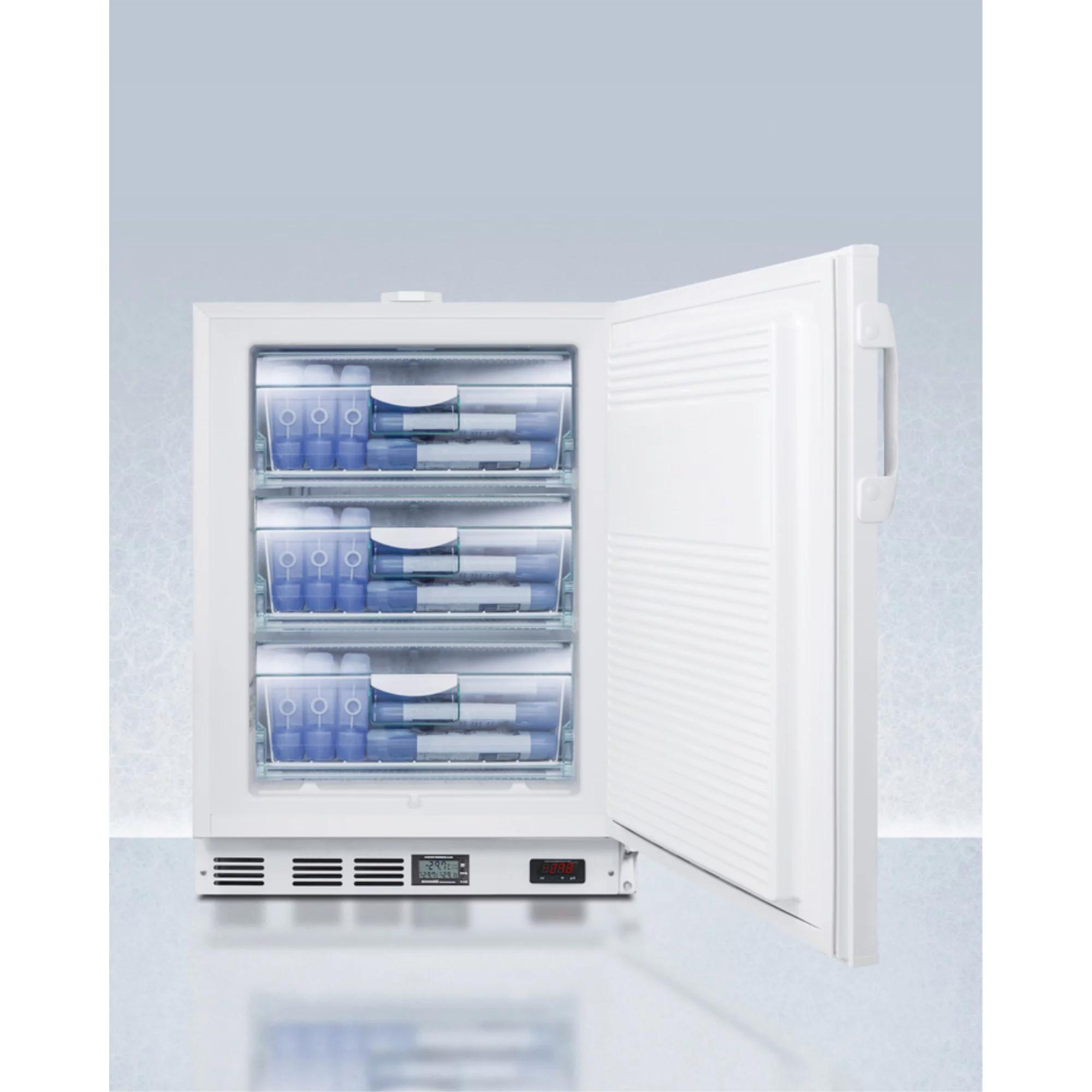 Built-in undercounter ADA compliant laboratory freezer capable of -30 C (-22 F) operation