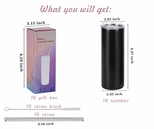 20 Oz Stainless Steel Straight Skinny Tumbler Set (8 Pack), Insulated Slim Thin Travel Cup with Lid, Black