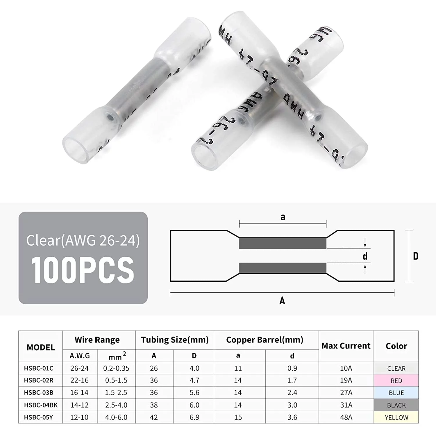 Heat Shrink Butt Wire Connectors, 100Pcs 26-24 AWG Clear Insulated Waterproof Electrical Wire Connectors Automotive Marine Grade Wire Crimp Terminals Butt Splices, Ideal for Boat, Truck, Stereo Clear