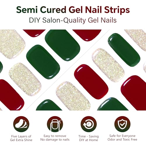 Semi Cured Gel Nail Strips-Easy Apply Christmas Gel Nail Stickers Holiday Semi Cured Manicure Strips with Sparkling Xmas Designs (Classic Yule)