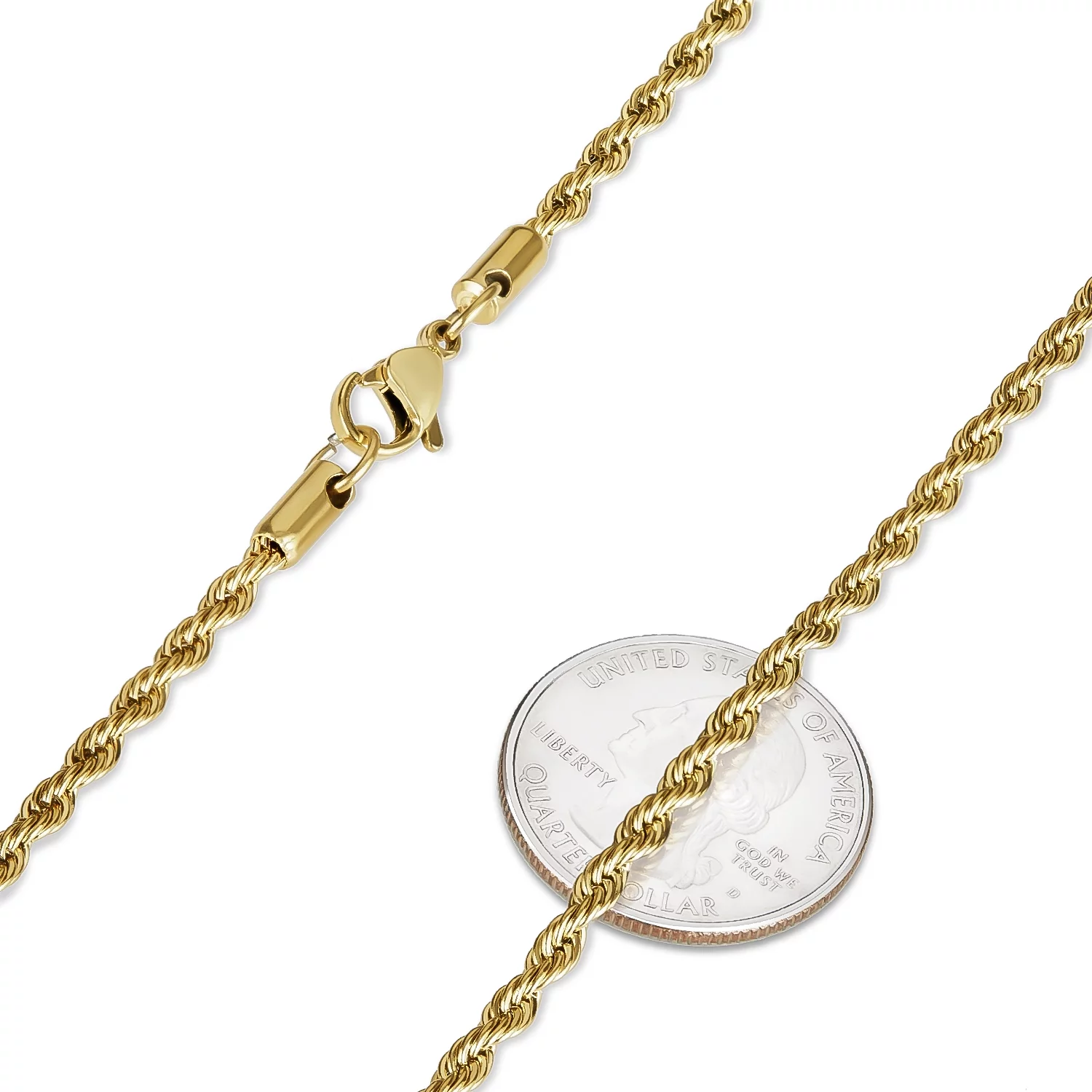 3mm 24k Yellow Gold Plated Stainless Steel Twisted Rope Chain Necklace, 22 inches + Gift Box
