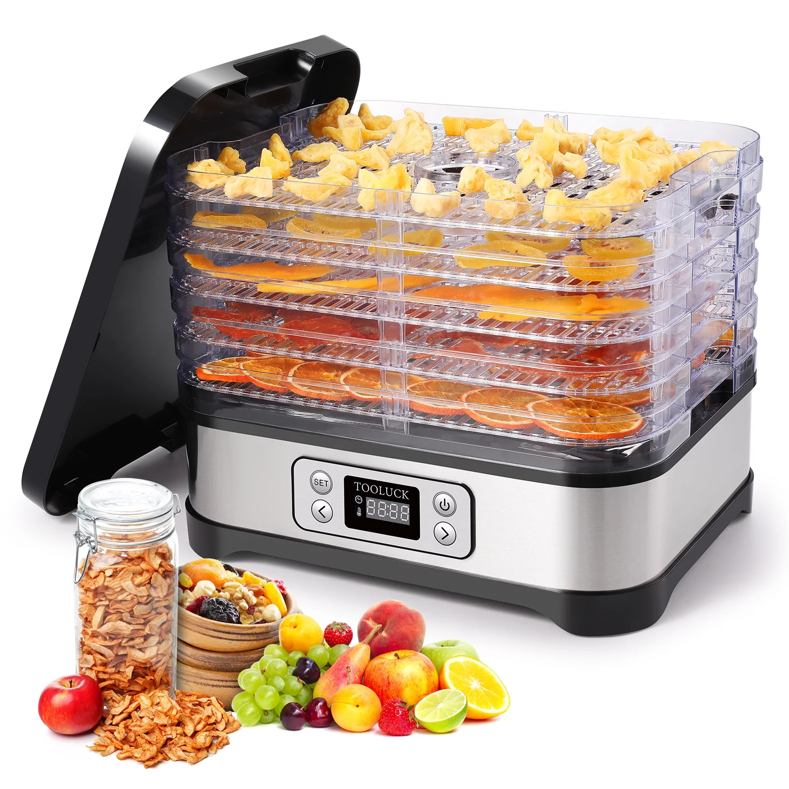 TOOLUCK Electric Food Dehydrator Machine,250W Power,Timer and Temperature Settings, 5 Drying Trays, Stainless Steel, BPA Free - Perfect for Beef Jerky, Herbs, Fruits, Vegetables